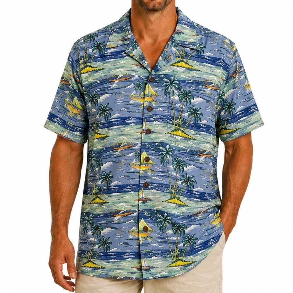 Utility Hawaiian Shirt Colorful Ocean Beach Boat Blue Green XL Resortwear Summer